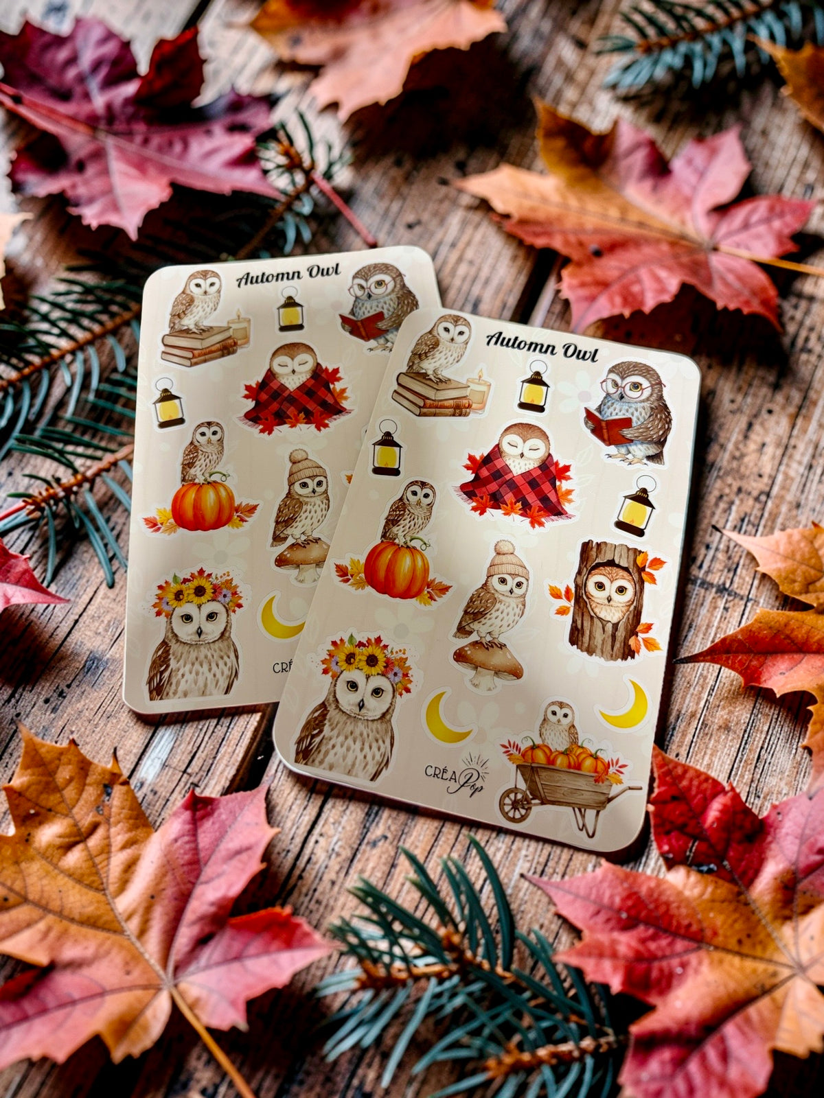 Signet de lecture Autumn Owl avec des hiboux illustrés entourés de décors d'automne