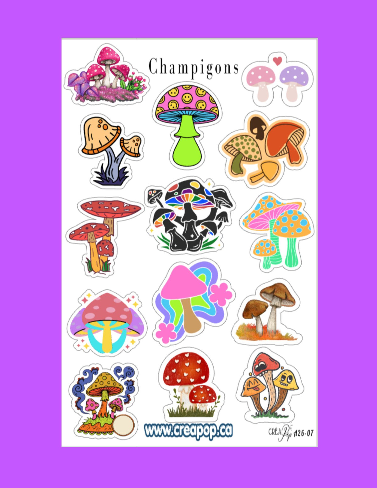 Planche d'autocollants Champignons — 15 stickers vinyle, Créapop A26-07