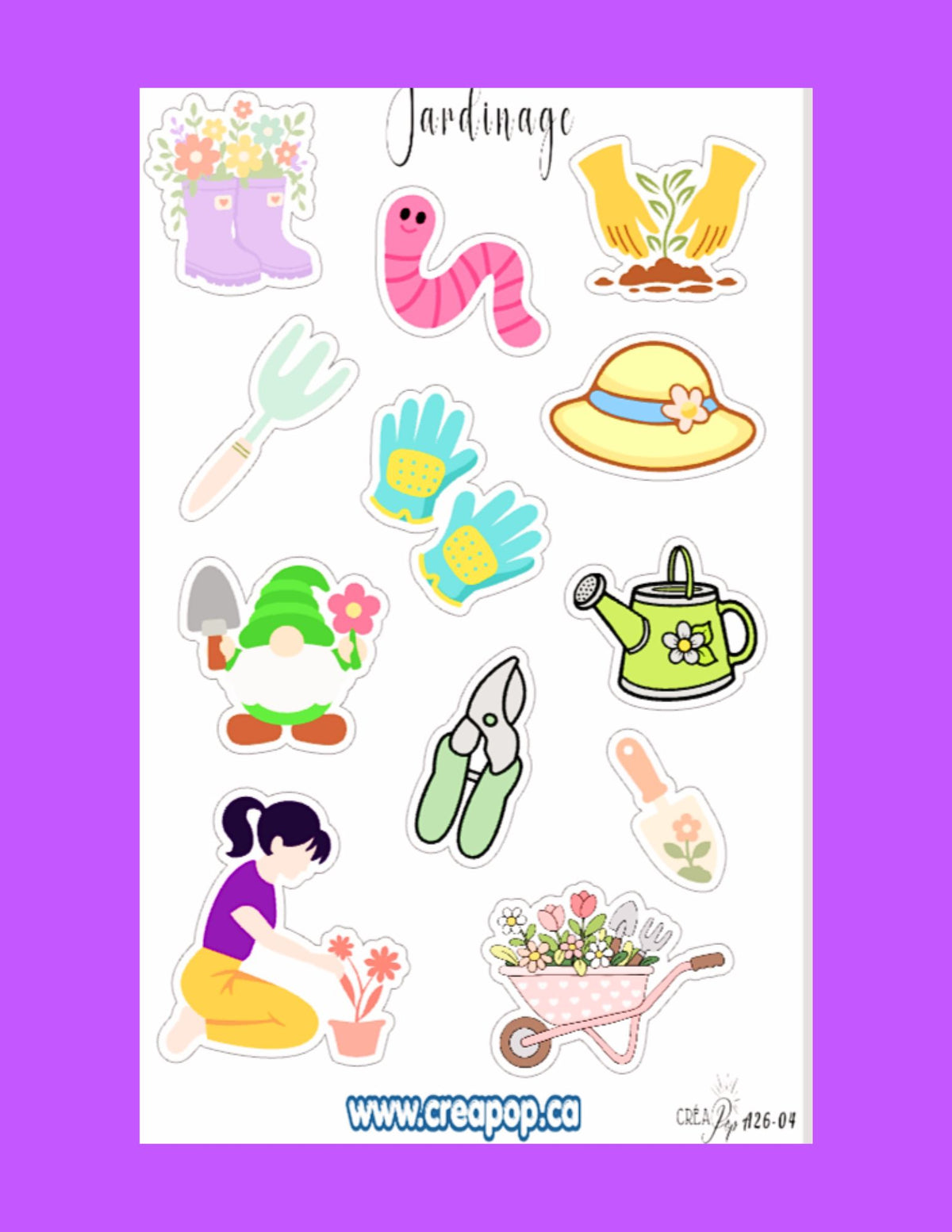 Planche d'autocollants Jardinage – 13 motifs kawaii nature