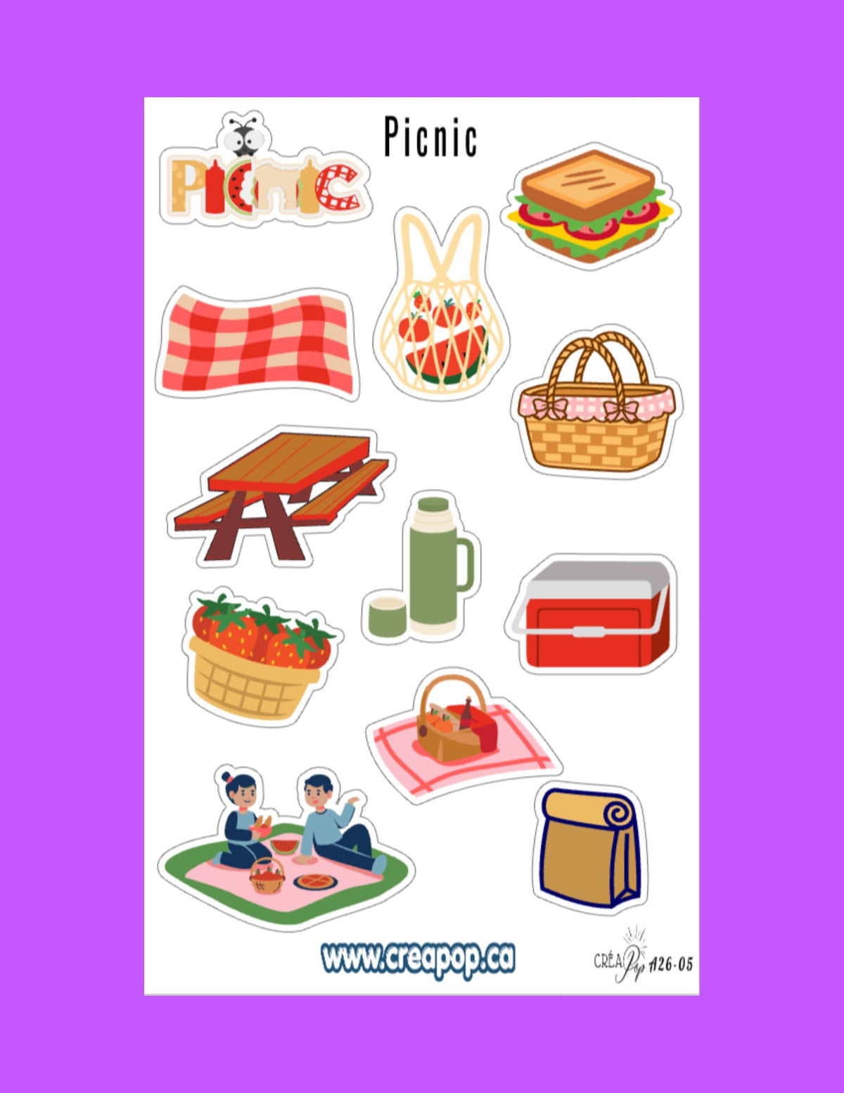 Planche d'autocollants Picnic – 13 motifs pique-nique été